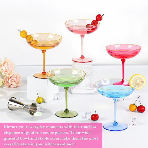 12 PCS Plastic Coupe Glasses 9 oz Hot Pink Detachable Gold Rim Martini Glass Espresso Champagne Cocktail Cups Disposable Vintage Margarita Glassware for Valentine's Day Wedding Bridal Shower Party