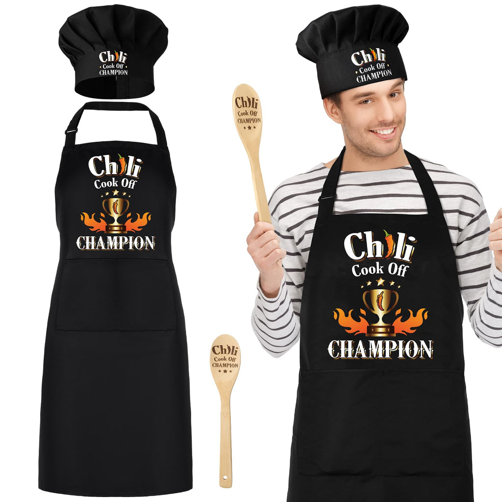 XLSXEXCL 3 Pcs Chili Cook-off Prizes, Funny Chili Cook-Off Champion Apron Adjustable Chili Cook-off Champion Hat Chef Hat and Wood Spoon, Funny Chili Cook-off Trophies Gifts for Chili Festivals