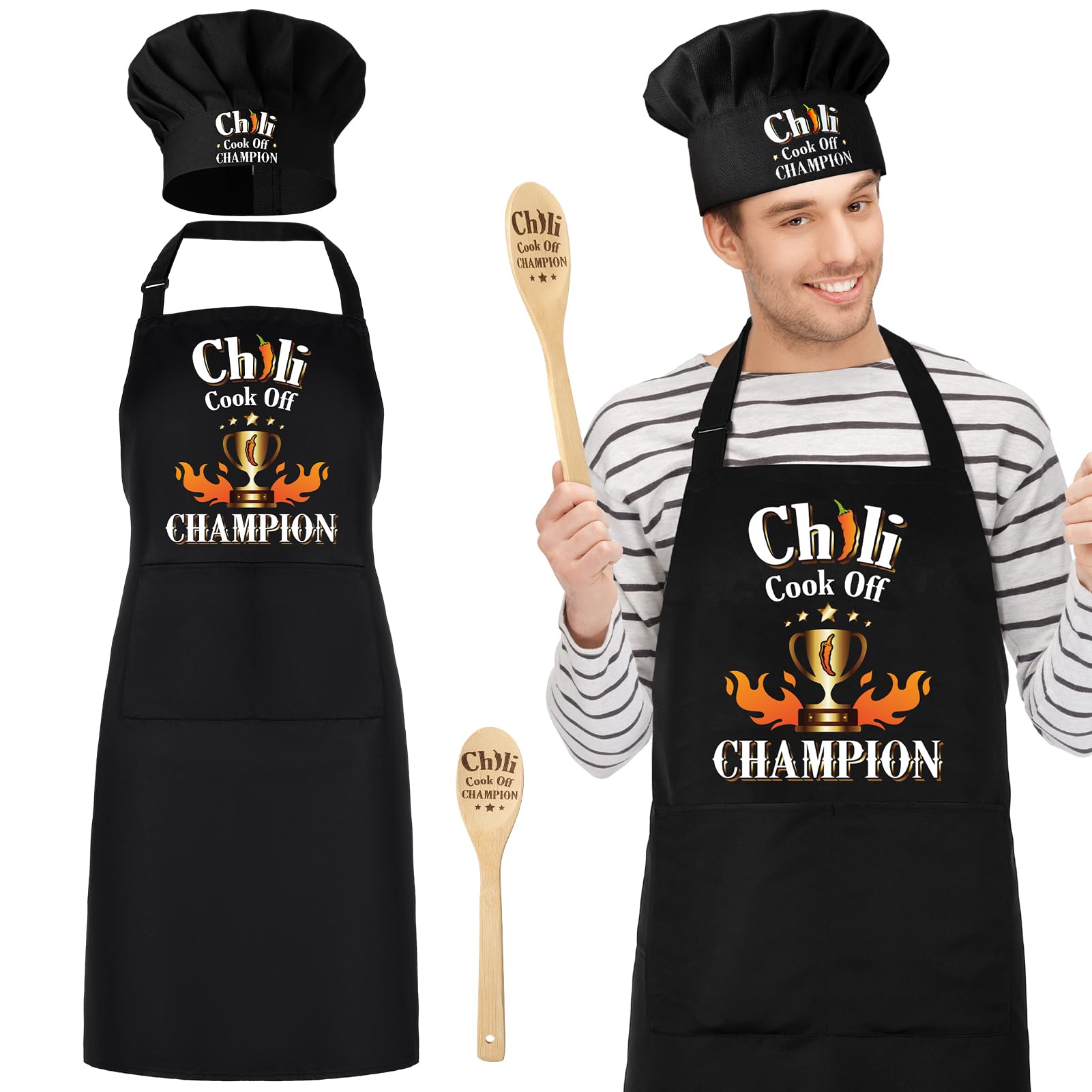 XLSXEXCL 3 Pcs Chili Cook-off Prizes, Funny Chili Cook-Off Champion Apron Adjustable Chili Cook-off Champion Hat Chef Hat and Wood Spoon, Funny Chili Cook-off Trophies Gifts for Chili Festivals