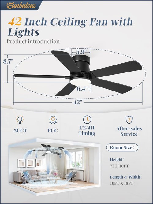 Fanbulous Ceiling Fans with Lights and Remote, 42 inch Low Profile Flush Mount Ceiling Fan,White Modern Ceiling Fan with LED Light for Bedroom Indoor Outdoor-5 Reversible blades, 3CCT, 6 Speeds, Timer