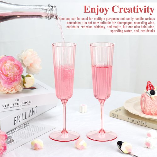 48 Pack Plastic Champagne Flutes Pink Unbreakable Ribbed Champagne Glasses Detachable 5.5 Oz Disposable Stemware Glasses Wine Toasting Cups for Wedding Valentines Engagement Pink Themed Party