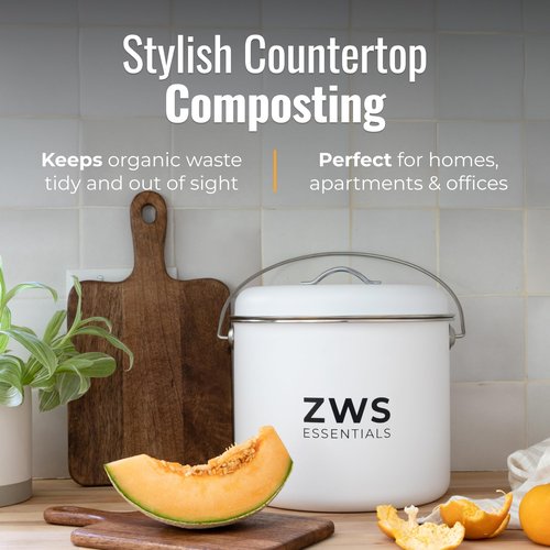 ZWS Essentials White Stainless Steel Compost Bin | 6.5L Odor-Free Kitchen Countertop Food Scrap Pail with Charcoal Filter | Compact Zero Waste Solution for Home and Apartment Kitchens