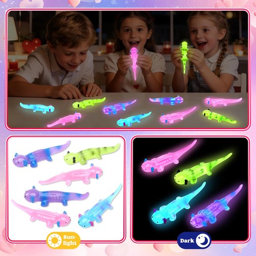 AuroTops Valentines Day Gifts for Kids,24 Pack Glow in The Dark Axolotl Toys with Valentines Day Cards for Kids School Classroom Exchange Gifts for Boys Girls Fidget Toys Bulk Kids Party Favors