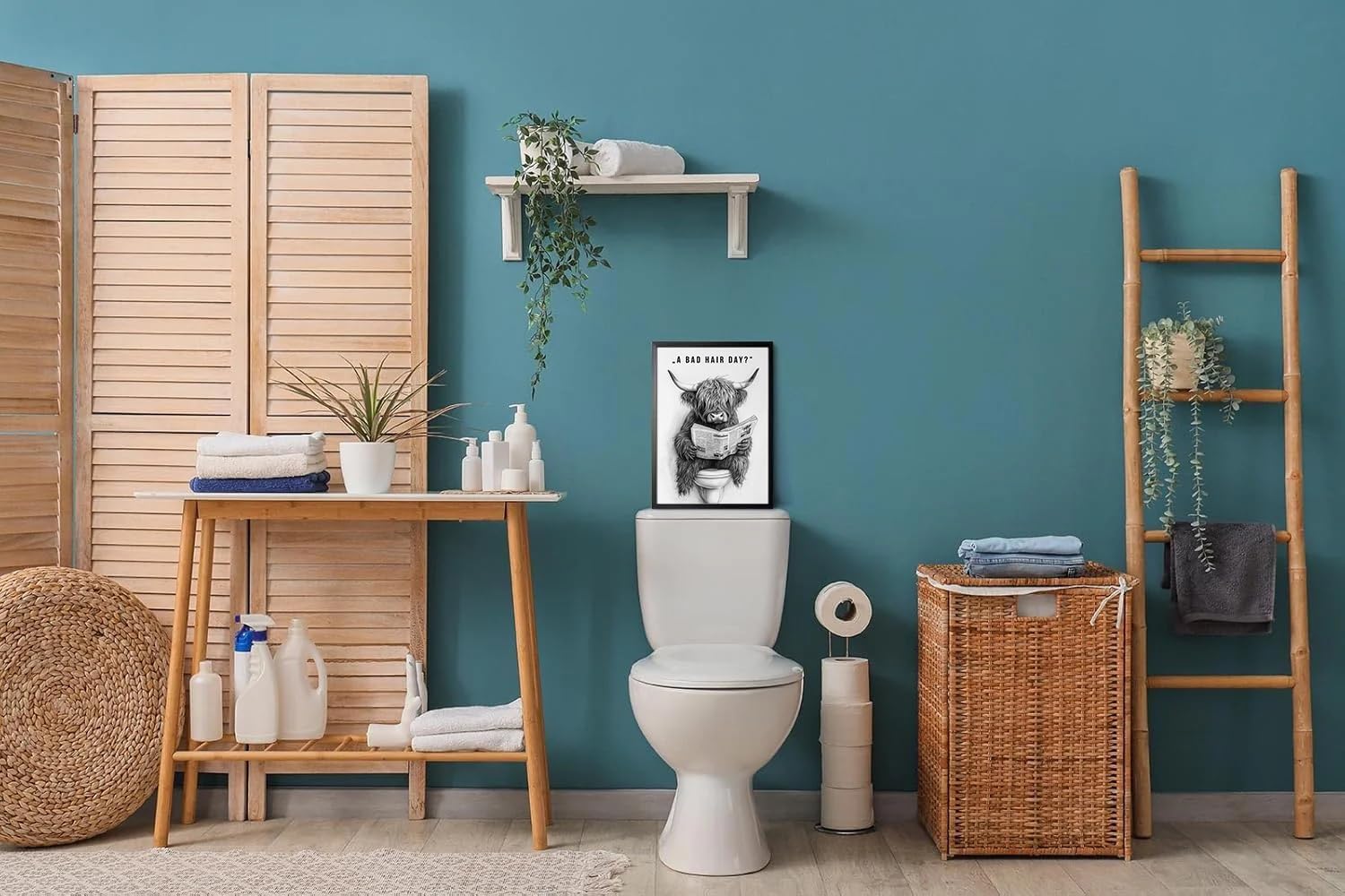 Orvannaatr Highland Cow Wall Art - Humorous Sketch of Cow on Toilet for Fun Bathroom Décor