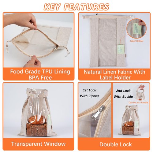 ORORIN Reusable Bread Bags for Homemade Bread,Linen Sourdough Bag Storage Container with Clear Window,Zipper Freezer Bags to Keep Fresh,Sourdough Accessories,2-Pack (Patented)