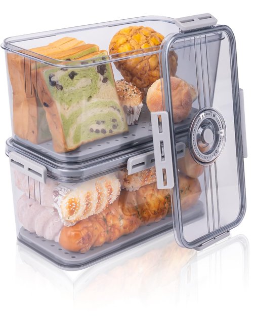 Dynta Bread Box 2 Pack Bread Storage Container Airtight Recording Time Bread Box for Kitchen Countertop Plastic Bread Keeper with Lid for Homemade Bread, Toast, Loaf, Cookies