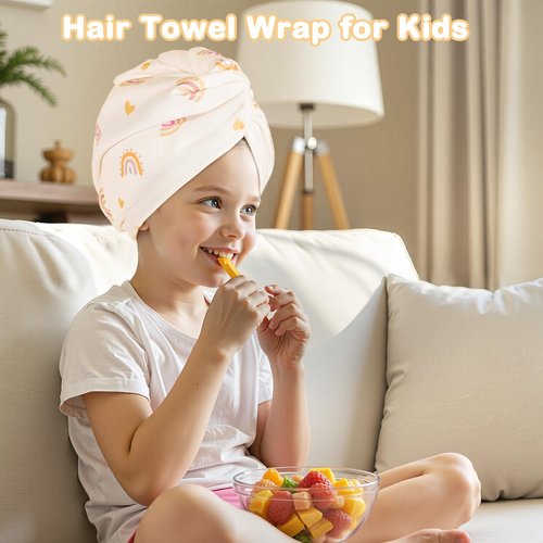 FIOBEE Microfiber Hair Towel Wrap for Kid Rapid Drying Towel Absorbent Hair Turbans for Wet Hair with Button Women Girls Long Curly Hair Pack of 2, Pink/Coffee Rainbow