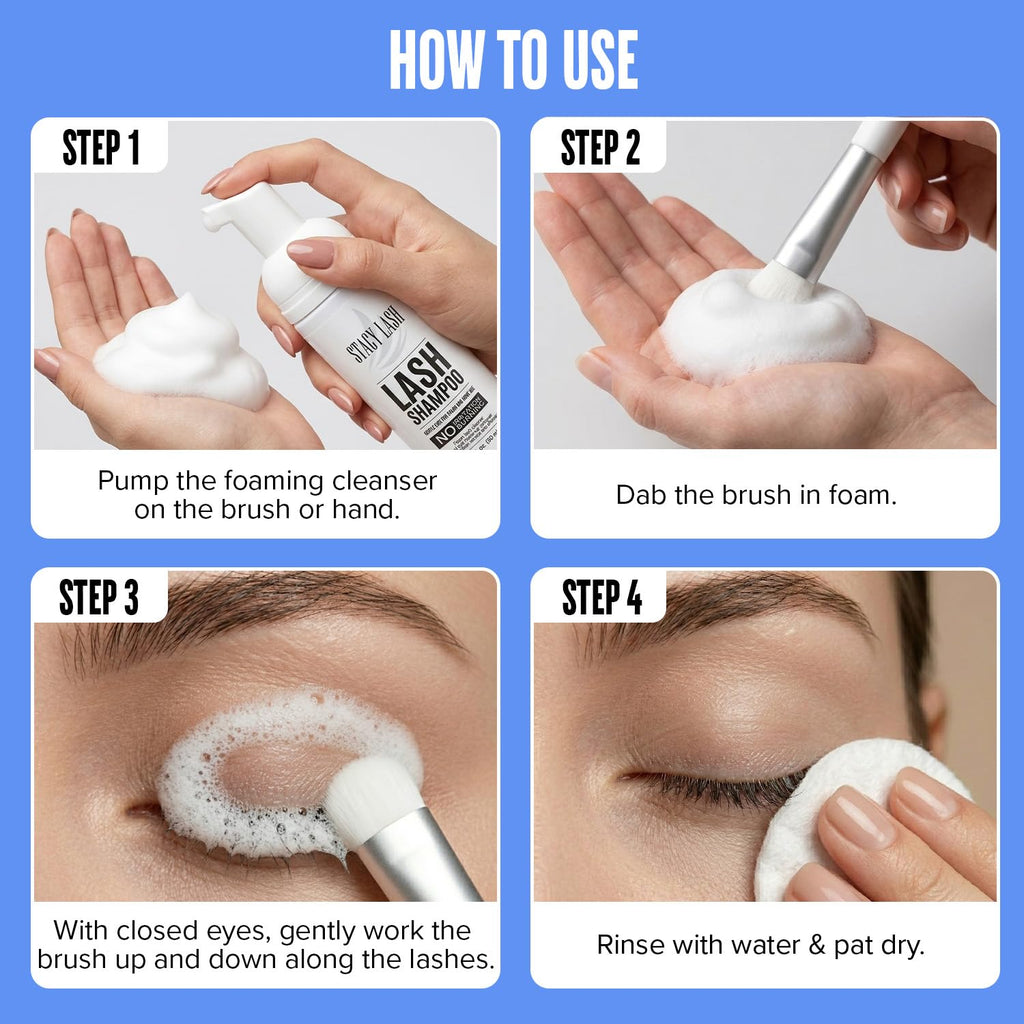 STACY LASH Eyelash Extension Shampoo - Foaming Cleanser & Brush | 1.69 fl. oz (50ml) for Safe Makeup Removal