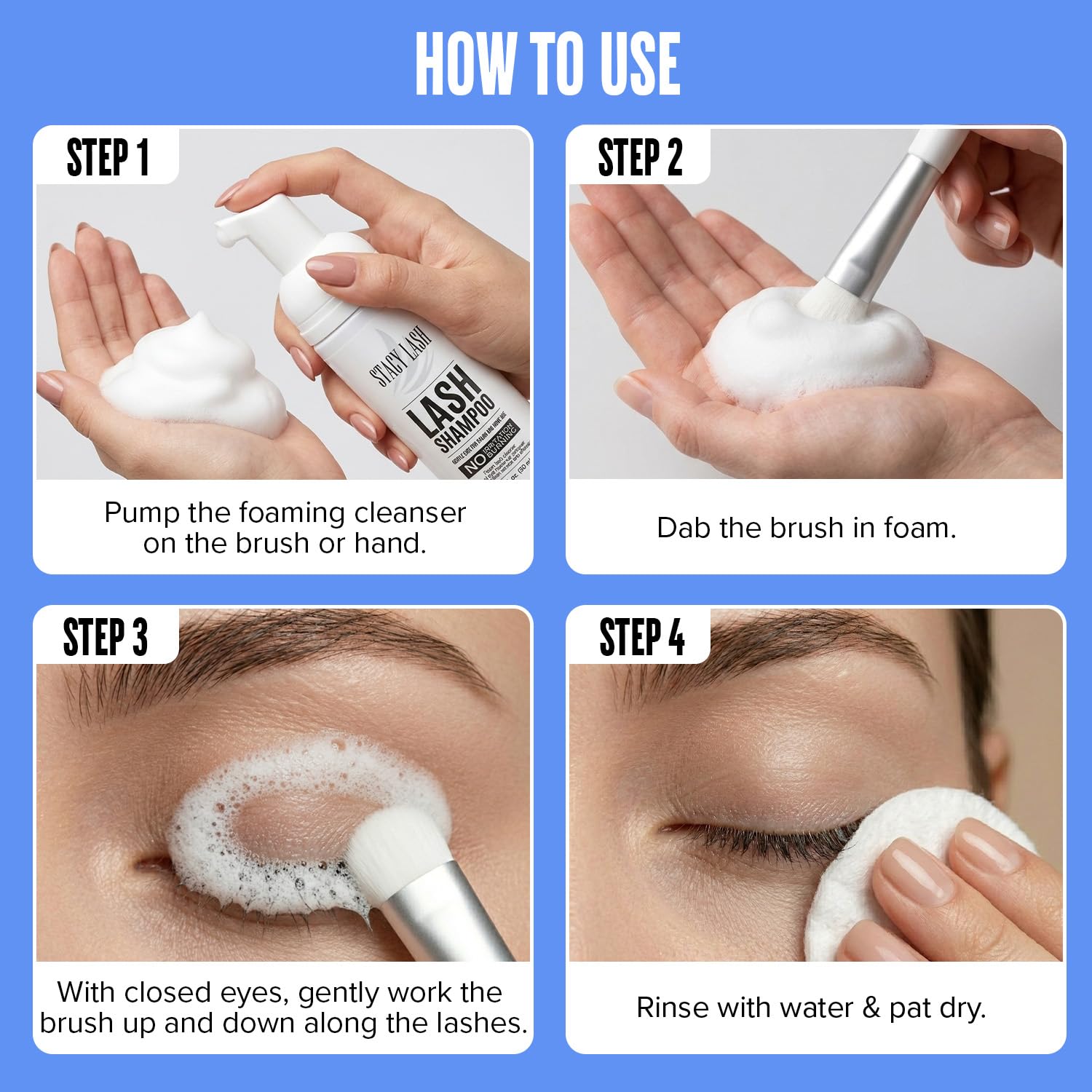 STACY LASH Eyelash Extension Shampoo - Foaming Cleanser & Brush | 1.69 fl. oz (50ml) for Safe Makeup Removal