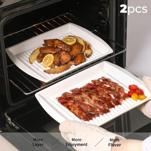 Dizada Microwave Bacon Tray 13"x10" Set of 2 - Porcelain Bacon Cooker for Microwave, Ceramic Bacon Rack for Sausages, Hot Dogs, Dishwasher Freezer Safe