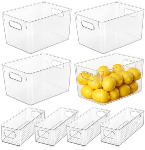 Hudgan Set of 8 Clear Plastic Storage Bins 4 Large and 4 Small Stackable Storage Containers for Pantry Organizers and Kitchen Storage, Cabinet, Freezer, Under Sink Organization