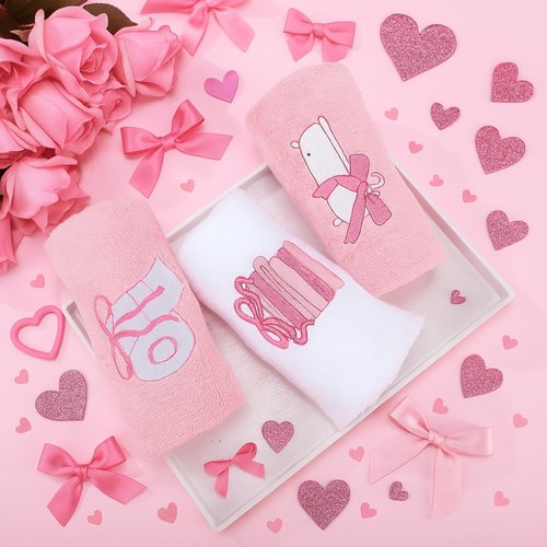 Breling 3 Pcs Bow Towels for Bathroom, Coquett Pink Bowknot Kitchen Hand Towels 100% Cotton Soft Embroidered Home Decoration for Birthday Bridal Shower Wedding Gifts 13.3 x 29 Inch