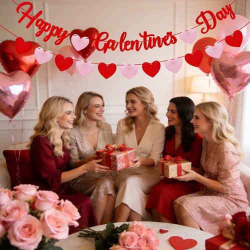 Happy Galentines Day Banner with Red Glitter and Pink Heart Garland Romantic Valentine's Decorations for Indoor and Outdoor Use Create Festive Atmosphere Love Theme