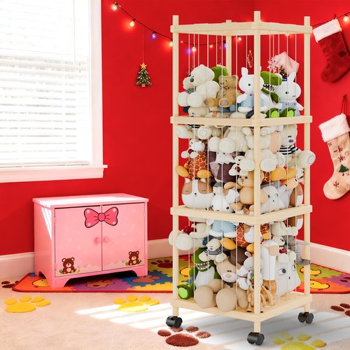 Subbox Stuffed Animal Storage and Holder - Large Size Wooden Animals Zoo Toy Organizer with Elastic Bands, Swivel Wheels and Castle Stickers, For Toddler Rooms, Playrooms, Bedrooms(58x16x16inch)
