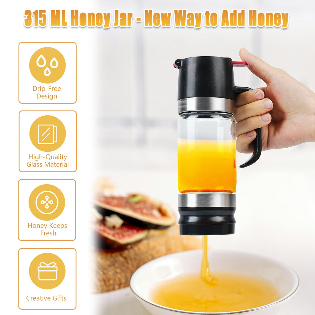 Ecopandy Honey Dispenser 12Oz No Drip with Base 2026 Upgrade, Glass Honey Jar pot with Handle, Syrup Dispenser for Coffee or Tea, Mess Free Honey Dispenser for Honey and Syrup, Honey Container