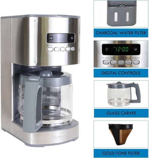 Koolatron Kenmore Elite 12-Cup Programmable Coffee Maker - Auto Shut-Off, Reusable Filter, Glass Pot