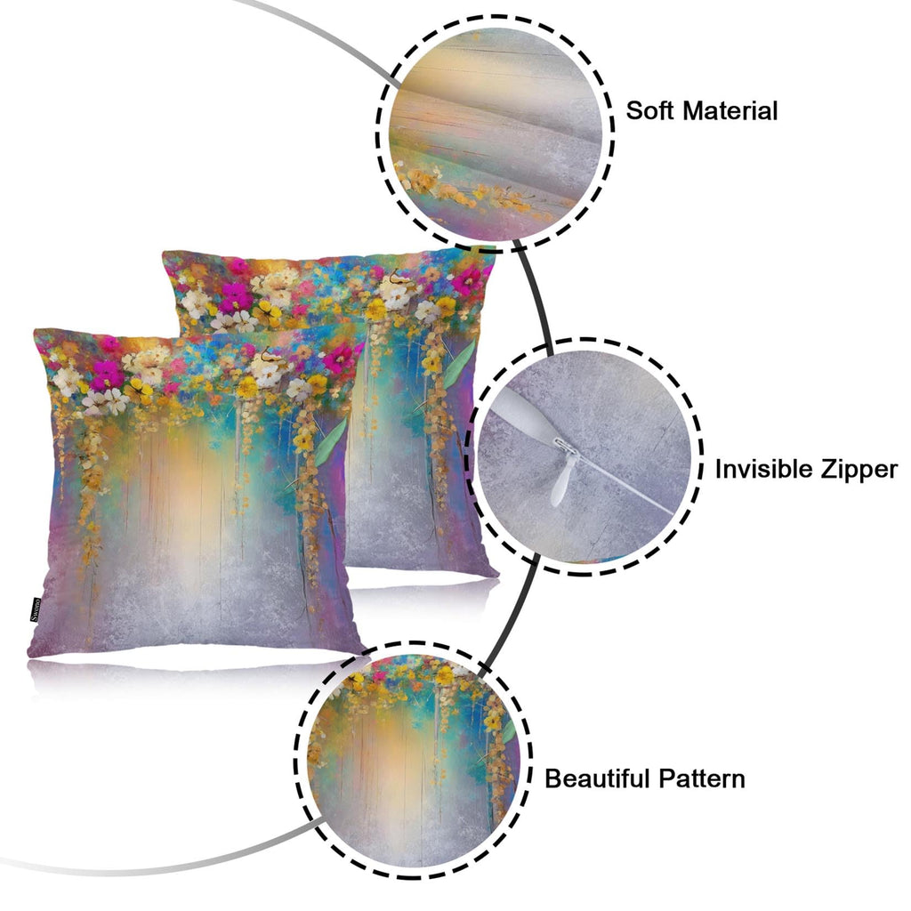 Swono Set of 2 Decorative Throw Pillow Covers Ivy Flowers, Abstract Blossom Floral Farmhouse Pillowcases Accent Pillow Cushion Cover for Couch Sofa Bed Office Armchair 18 X 18 Inch, Rainbow Purple