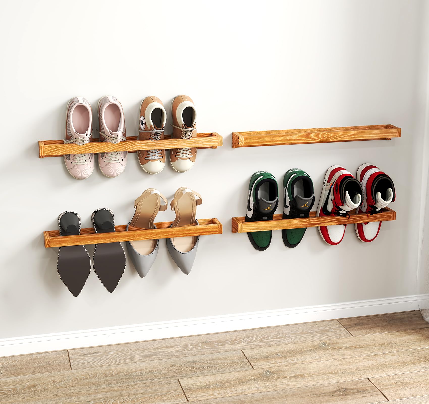 lesolar Wall Mounted Shoe Rack 20 Inch, 4 Pcs Rustic Wood Wall Hanging Shoe Rack, Burnt Wood Shoe Storage Organizer for Entryway Mudroom Closet, Space Saving