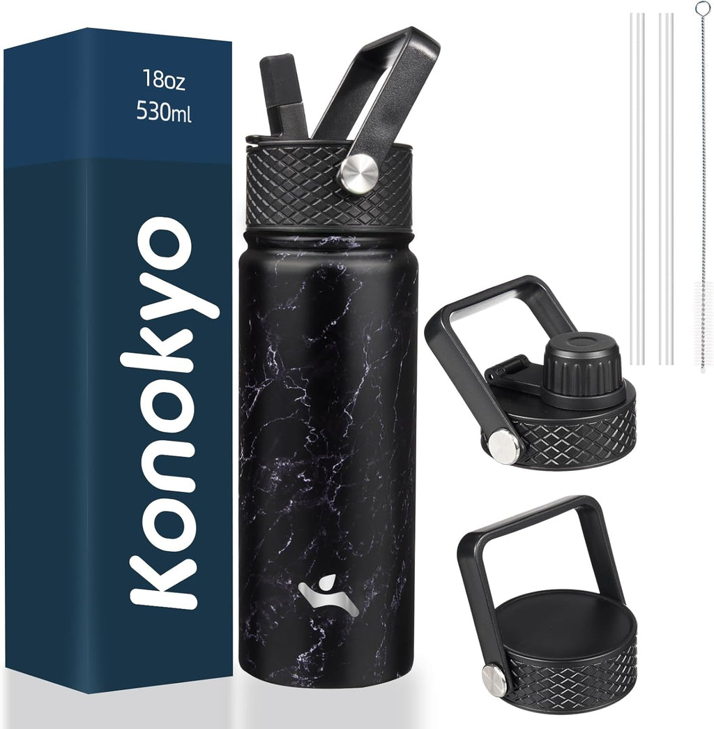 Skiennix 18 oz Insulated Stainless Steel Water Bottle - Marble Midnight | 3 Lids Included