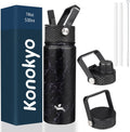 Skiennix 18 oz Insulated Stainless Steel Water Bottle - Marble Midnight | 3 Lids Included