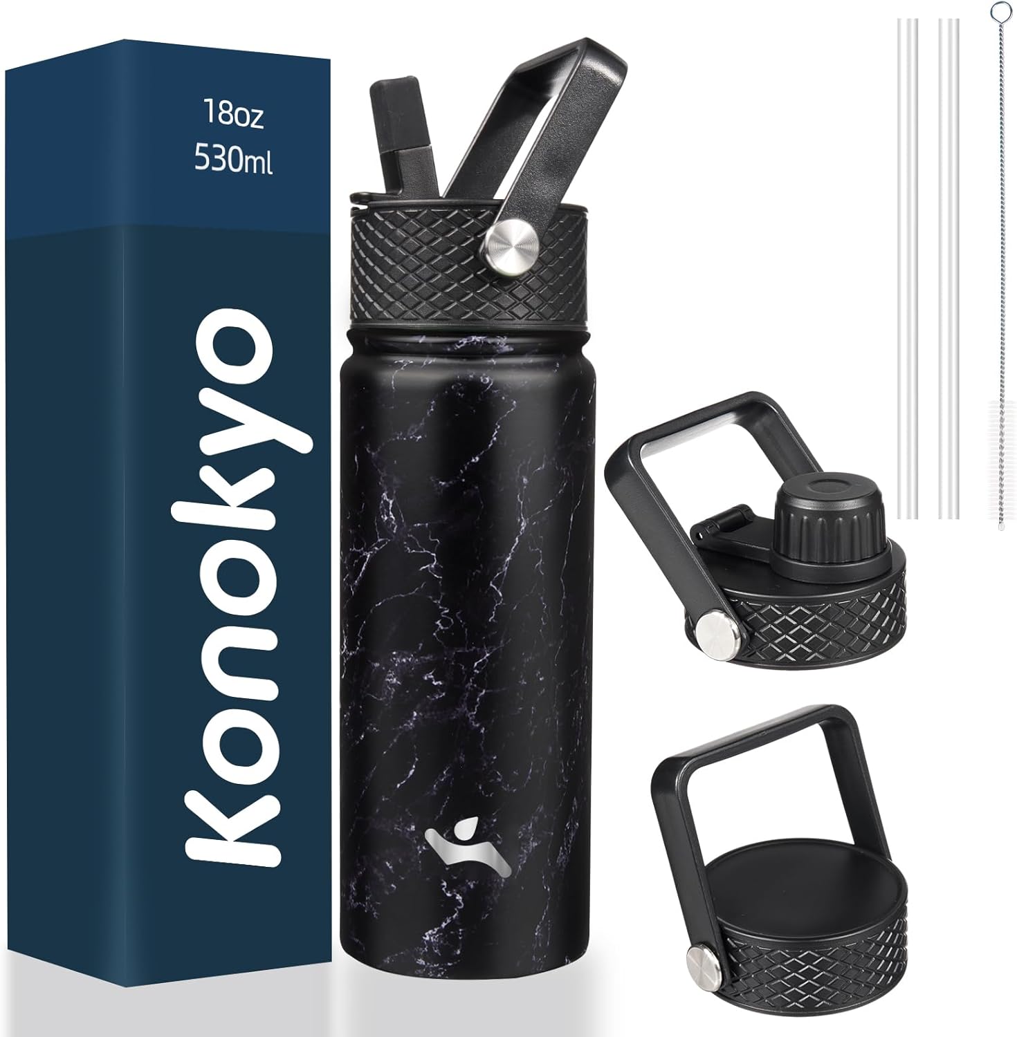 Skiennix 18 oz Insulated Stainless Steel Water Bottle - Marble Midnight | 3 Lids Included
