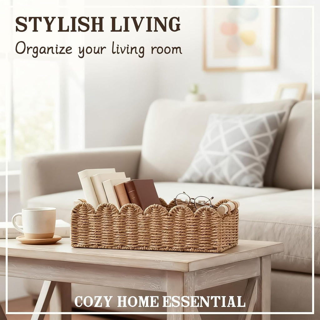 Upgraded Paper Rope Toilet Paper Storage Basket - Scalloped Edge Design | Small Neutral Decor with 2 Wooden Handles