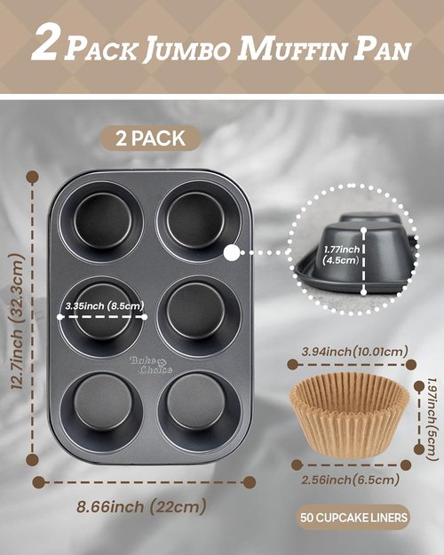 Bake Choice Jumbo Muffin Pan Set - Nonstick 6-Cup Baking Pans with 50 Natural Cupcake Liners