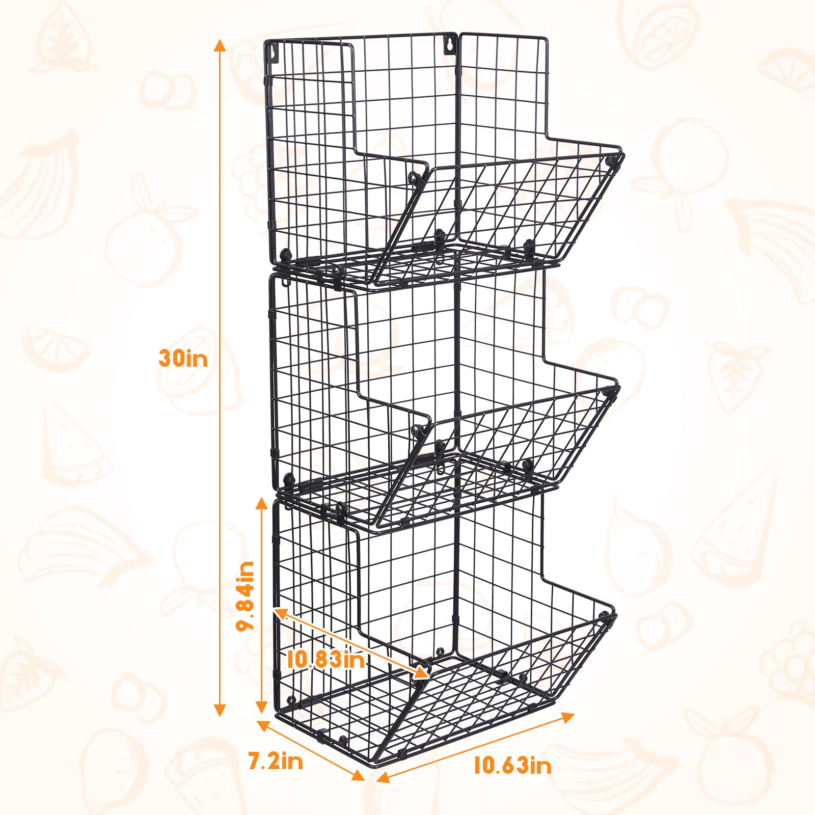 X-cosrack Metal Wire Basket Wall Mount, 3 Tier Wall Storage Organizer with 5 S Hooks, Kitchen Fruits and Vegetables Bin Toys Organizer Hanging Basket Black (S (10.83" L x 10.63" W x 30" H))