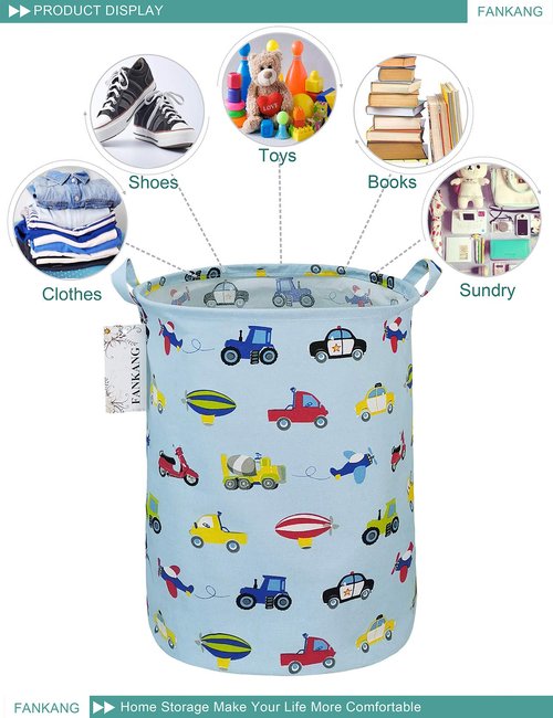 FANKANG Storage Basket, Nursery Hamper Canvas Laundry Basket Foldable with Waterproof PE Coating Large Storage Baskets for Kids Boys and Girls, Office, Bedroom, Clothes,Toys（Car）