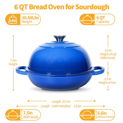 ONKO Dutch Oven For Sourdough Bread Baking, 6QT Enameled Cast Iron Dutch Oven Pot With Lid, Non-stick Sourdough Baking Pan with Bread Dome, Round Ceramic Dutch Ovens Pot with Cloche for Homemade