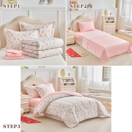 Joyreap 6pcs Cotton Comforter Sheet Set for Girls, Twin Size Bed in a Bag, Pink Floral Design, Soft n Cozy Kids Bedding Comforter Set for All Season- 68x88 inches