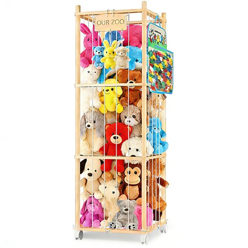 DUOQNY Stuffed Animal Storage, 54-Inch Wooden Large Toy Storage Organizer with Bag & A Cloth Underneath - Holds Plush Toys, Small Objects for Kids Bedroom, Nursery, Playroom - Gift for Children