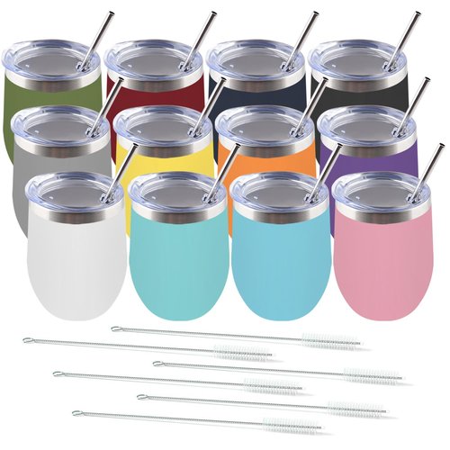 Amtidy 12 Pack Powder Coated Stainless Steel Tumbler with Lid,Equipped with straw and straw brush，12 oz Double Wall Vacuum Insulated Travel Tumbler Cup for Coffee, Wine, Cocktails