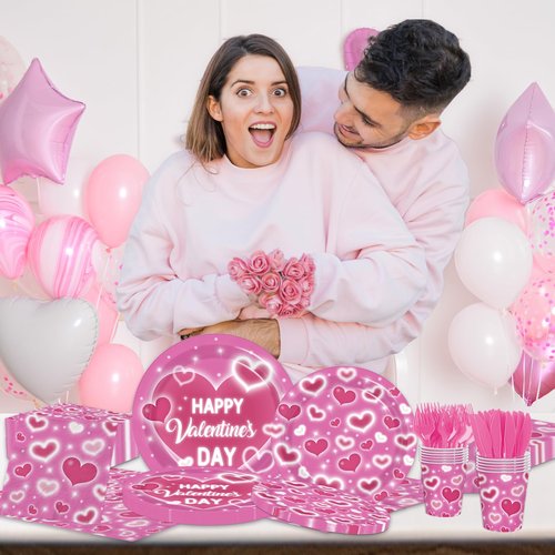 Valentine's Day Party Supplies Happy Valentine's Day Pink Heart Love Tableware Disposable Paper Plates Napkins Cups Forks and Knives for Valentine Day, Anniversary,Wedding Table Decor,Serve 24