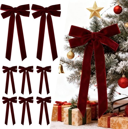 Burgundy Velvet Ribbon Bows by [Brand Name] - 8 Pcs 5in x 10in Ornaments for Christmas Tree & Gift Wrapping