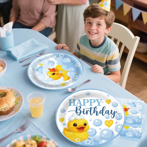 Xynic 210 Pcs Duck Birthday Decorations, Tableware Set with Plates, Duck Cupcake toppers, Napkins, Serves 25, 3 Birthday Candles, 2 Tablecloths, Banner, Balloons, Cups, for Duck Party Decorations