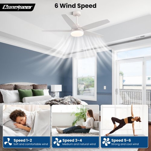 Conciseer 52 Inch Ceiling Fans with Lights, Remote Control 5 Blade Ceiling Fan for Bedroom Living Room Kitchen,24W 3CCT Dimmable, Dual Color 6 Speed Reversible Quiet DC Motor White/Wood Grain