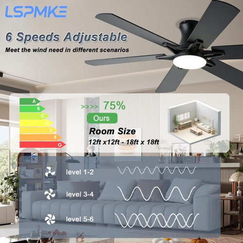 lspmke Ceiling Fans with Lights, 52 Inch Low Profile Ceiling Fan with Light and Remote, Flush Mount, Quiet, Reversible, 3CCT, Dimmable, Black RGB Ceiling Fan for Bedroom, Living Room, Indoor/Outdoor