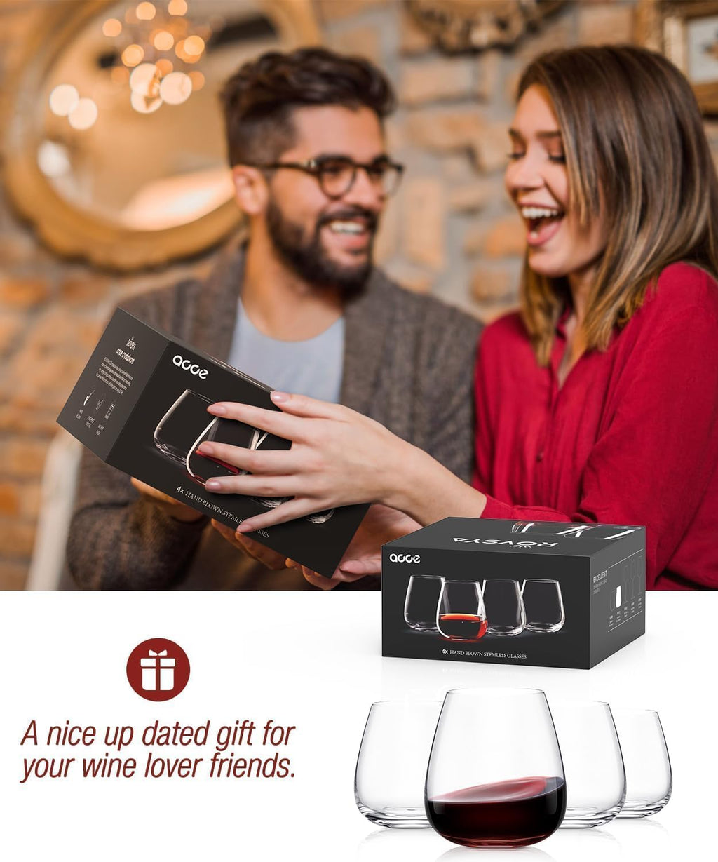 LUNA & MANTHA Stemless Wine Glasses Set of 4(17oz),Hand Blown Crystal for Red & White Wine, Ideal for Daily Use & Special Occasions,|Perfect Gifts for Men, Women