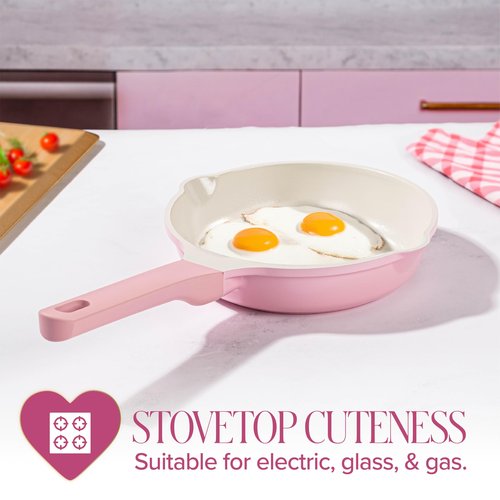 Paris Hilton Ceramic Cast Aluminum Nonstick Fry Pan, Fast & Even Heating with Easy Pour Spouts & Comfort-Grip Handle, 8-Inch, Pink