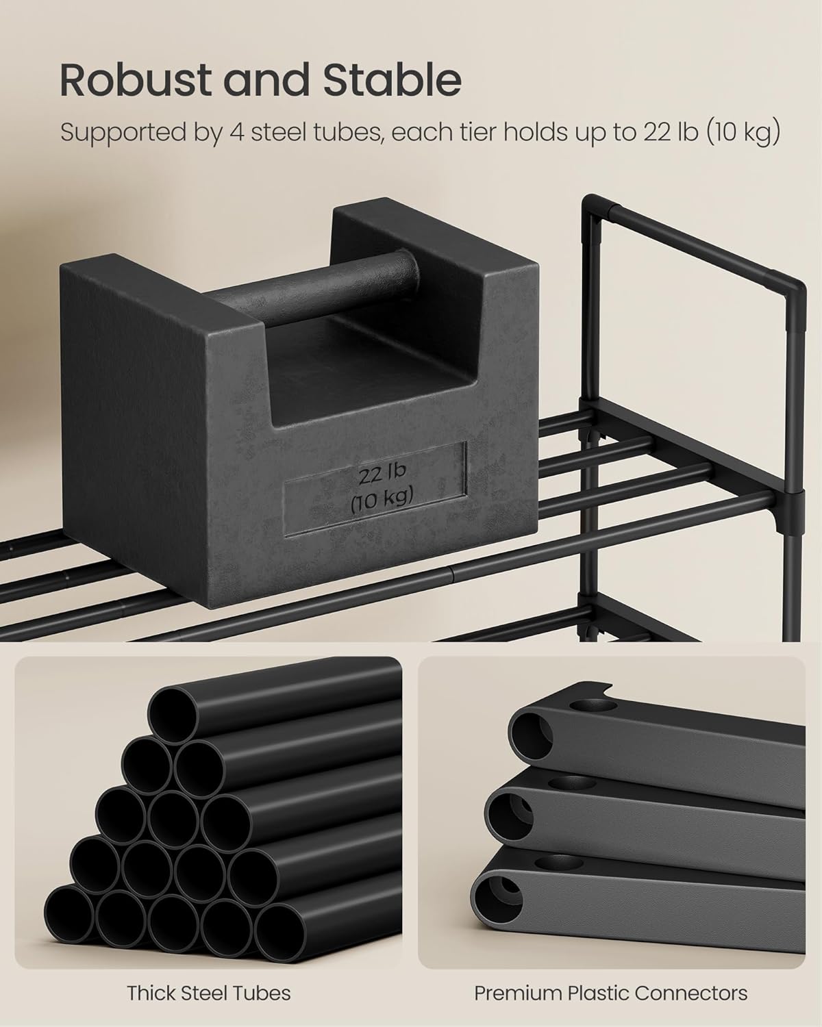 SONGMICS 3-Tier Shoe Rack - Stackable Metal Organizer for 8-12 Pairs | Black, 11.8 x 26.8 x 21.7 Inches