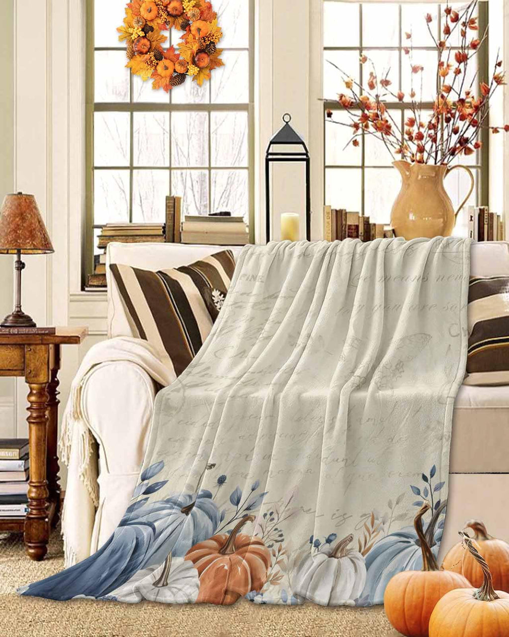 Blue Pumpkins Fall Throw Blanket - Elegant Leaves Flannel Fleece, Lightweight for Women, Adults, Kids & Babies - Microfiber Nap Blanket for Couch, Bed, Sofa - 60" x 40"
