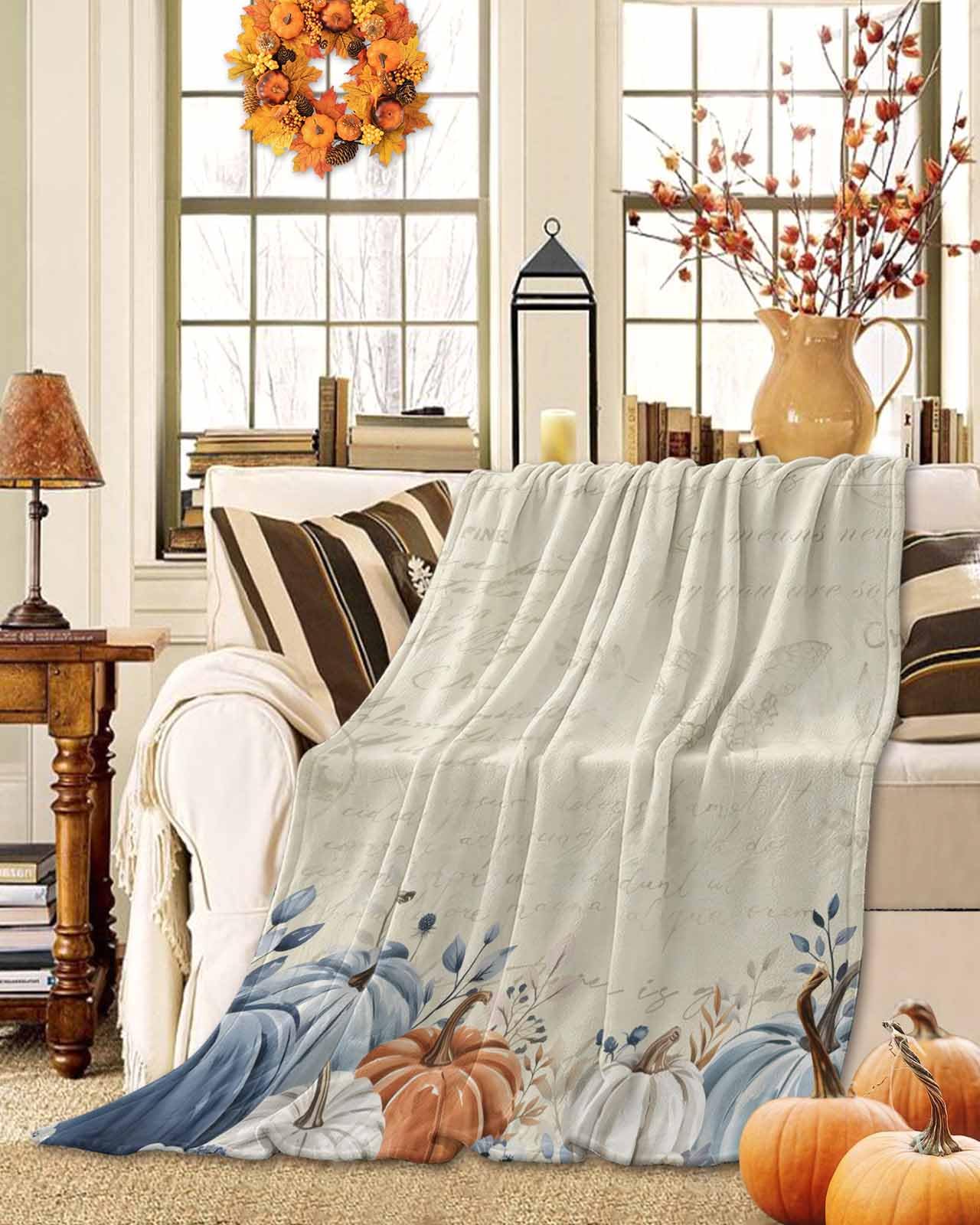 Blue Pumpkins Fall Throw Blanket - Elegant Leaves Flannel Fleece, Lightweight for Women, Adults, Kids & Babies - Microfiber Nap Blanket for Couch, Bed, Sofa - 60" x 40"