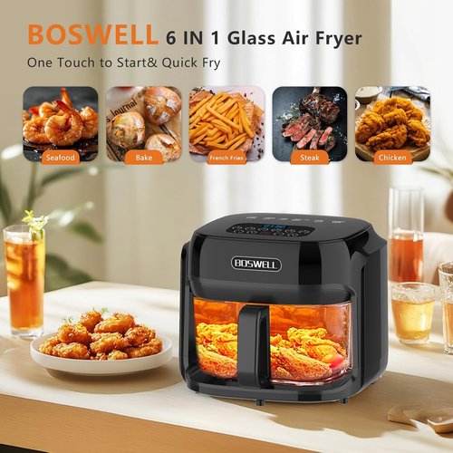 BOSWELL 7.5QT Glass Air Fryer - Transparent Fry Bowl, Temperature Control & Dishwasher Safe Design