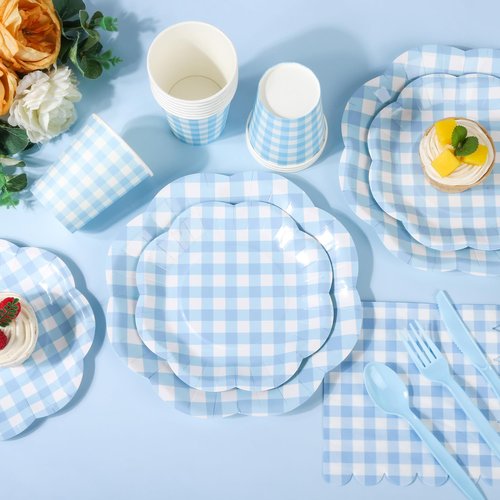 Houuqe 400 Pcs Gingham Party Supplies for 50 Guests Blue and White Scalloped Paper Plates and Napkins Knives Spoons Forks Cups Disposable Checkered Dinner Party Set for BBQ Baby Shower Wedding