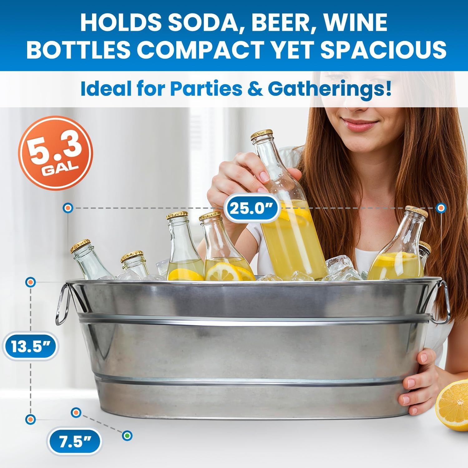 PLEXON Metal Ice Bucket for Parties - Galvanized Tub with Handles - Beverage Tub - Ice Bucket for Cocktail Bar Restaurant - Drink Beer Champagne Chiller Cooler - 5.3 Gallon (20L), Set of 2