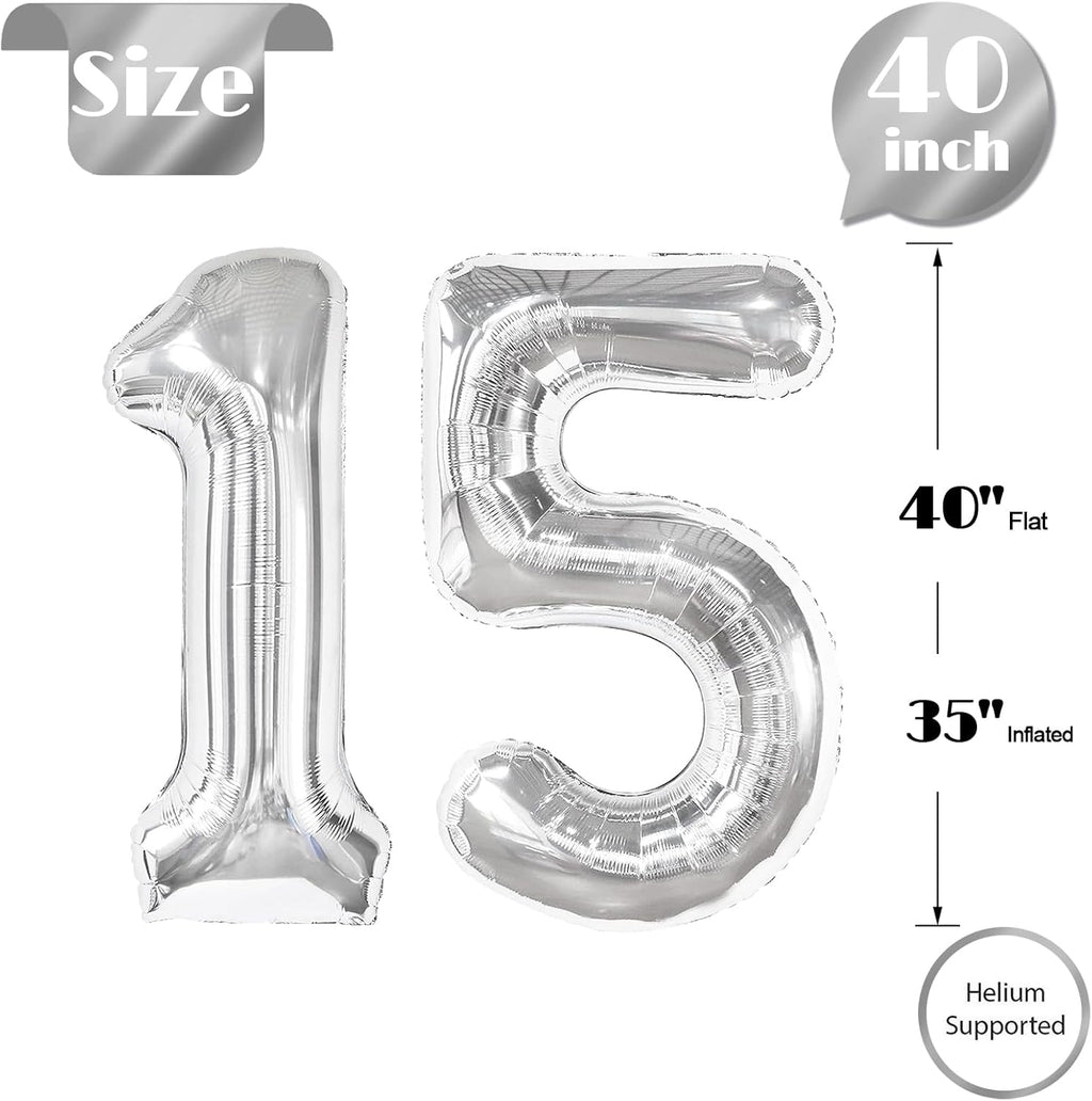 Number 15 Balloon by Silver | 40-Inch Silver Birthday Decoration for 15th Birthday Party