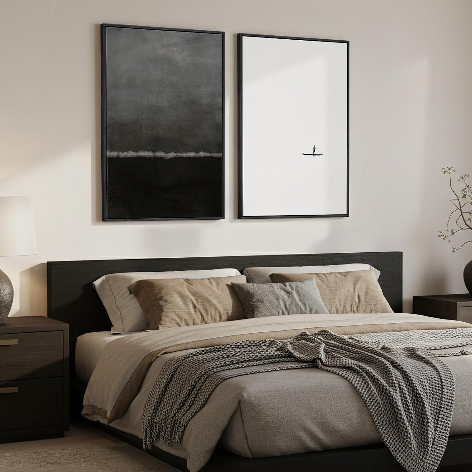 Skiennix Framed Black and White Abstract Wall Art - Large Set of 2 Minimalist Canvas Prints | 24x36 In Seascape Decor for Living Room, Bedroom, Office