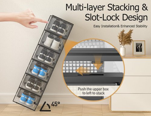 Kuject Shoe Storage Boxes - Clear Plastic Stackable Organizers | XX-Large 12 Pack for Closet & Under Bed - Black