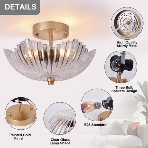 wochos Semi Flush Mount Ceiling Light, Vintage Scalloped Lamp with Clear Glass Shade Lighting for Kitchen Bedroom Hall Living Room Hallway Close to Ceiling Light Fixture
